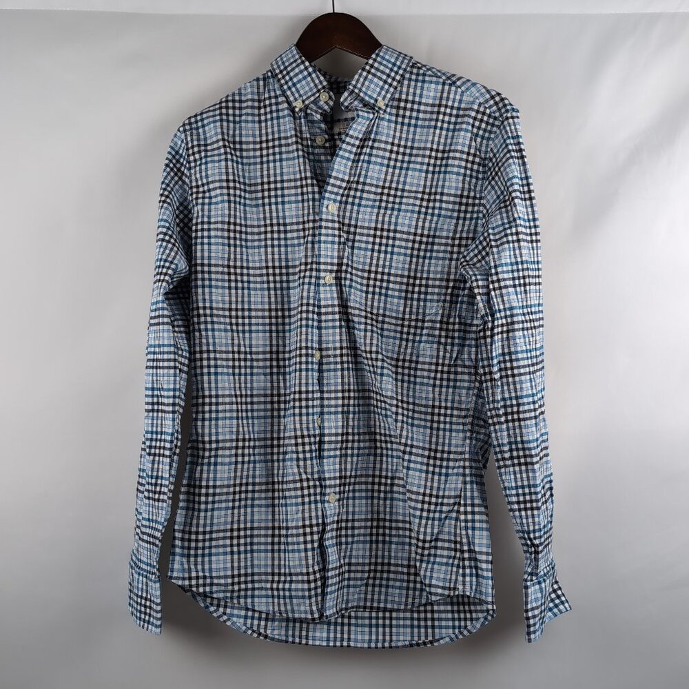 Goodfellow & Co Men's Blue/Black/White Plaid Button Up Shirt Oxford Pocket Small